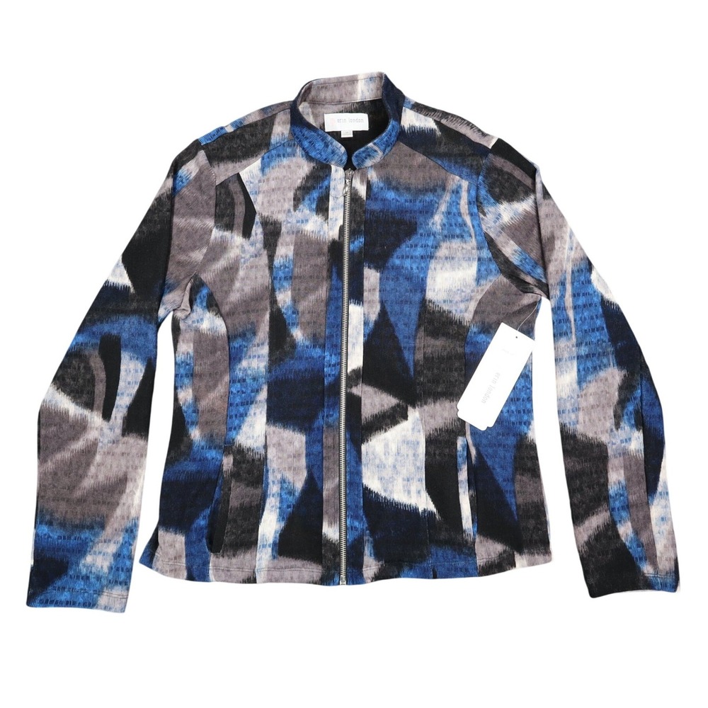 Erin London Women Medium Full Zip Jacket Blue Grey Abstract Grid Search 96455